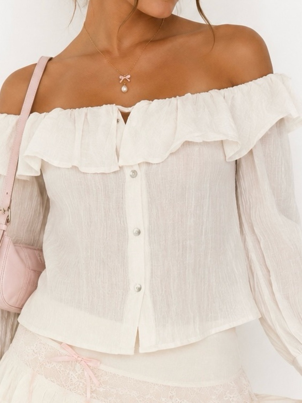 HYFVE White Off Shoulder Ruffle Peasant Blouse Size Small Cottagecore